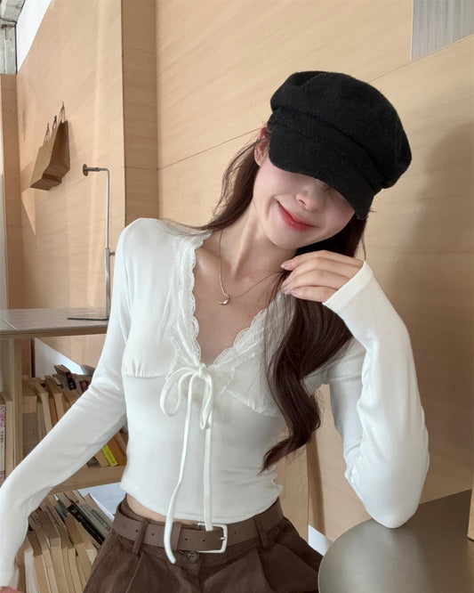 TP105 V领蕾丝边正肩长袖T恤