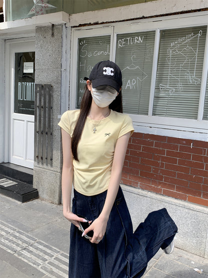 TP094 韩系蝴蝶结刺绣圆领短袖T恤