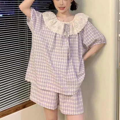 SW004 甜美蕾丝格子睡衣