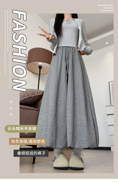 BB018 糯米阔腿花苞裙裤