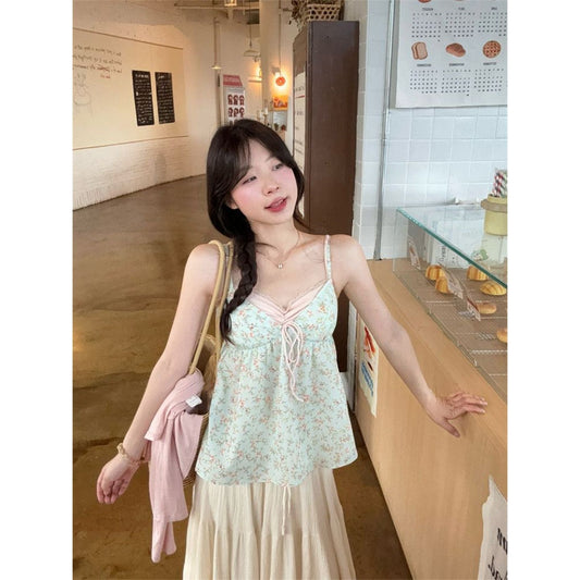 TB024 清新撞色假两件碎花吊带