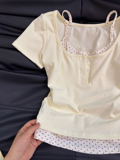 TP114 多巴胺假两件正肩短袖T恤