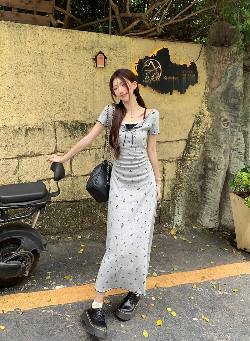 DS002 假两件蕾丝花边设计短袖连衣裙(长)