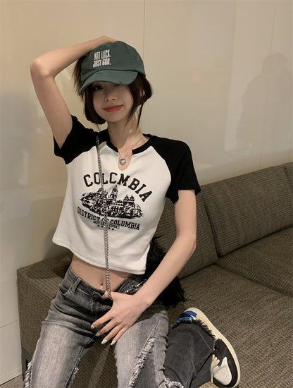TP087 辣妹V领印花短袖T恤
