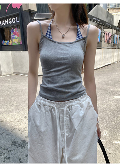 TB006 撞色格纹拼接挂脖系带无袖上衣
