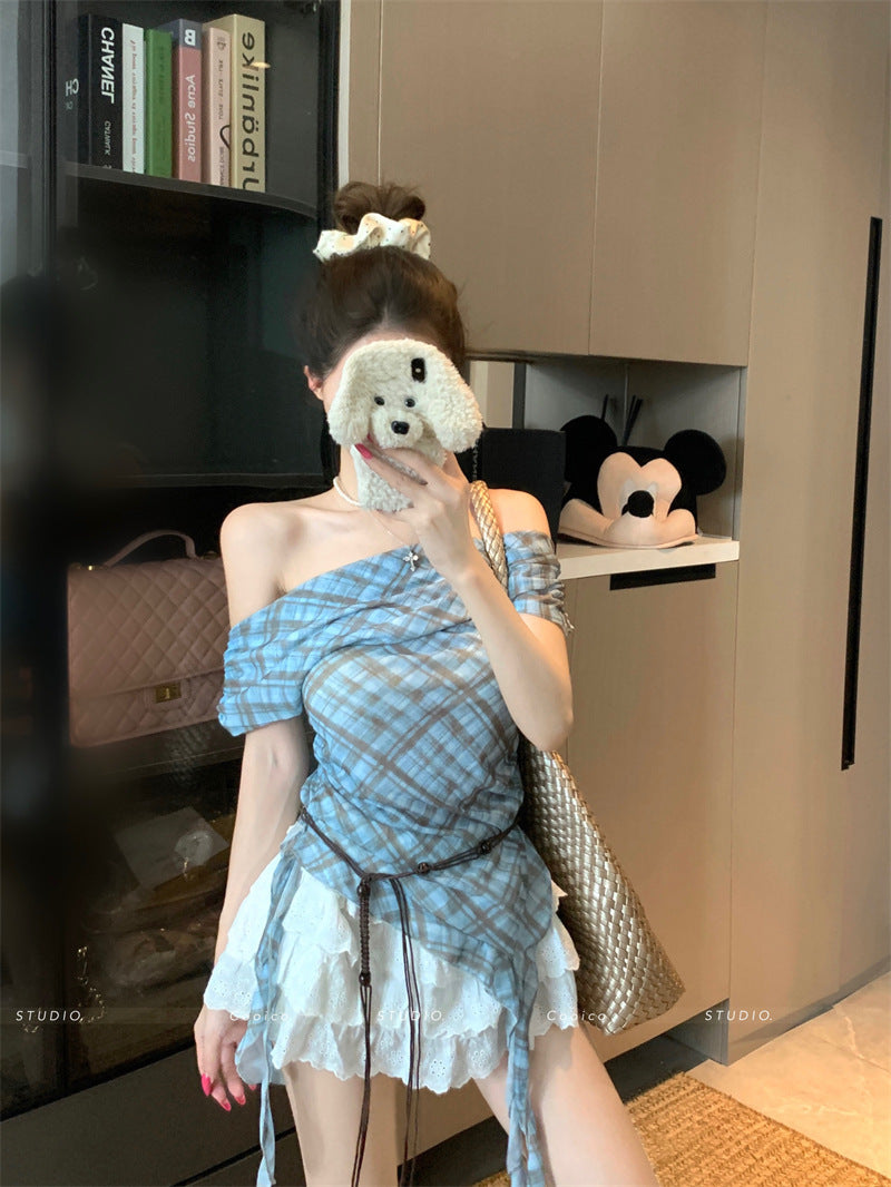 TP113 碎花不规则斜肩上衣