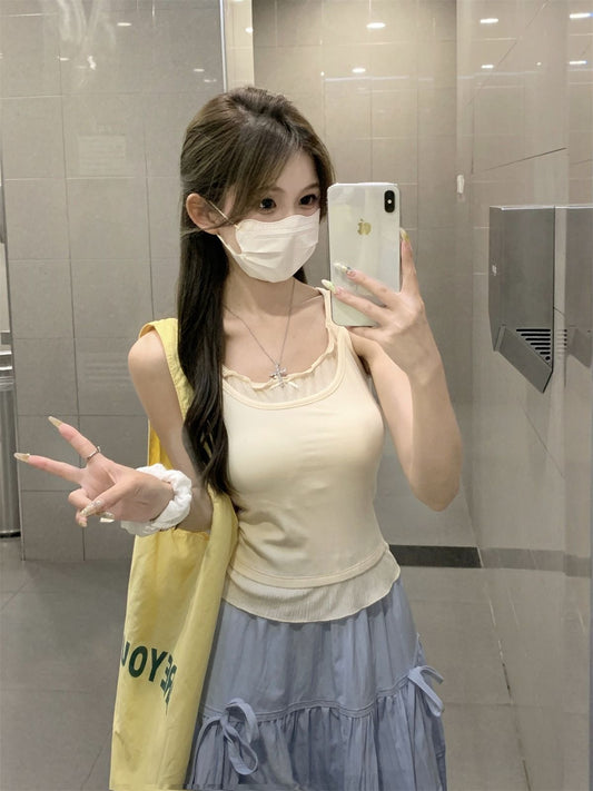 TB021 撞色假两件带胸垫背心