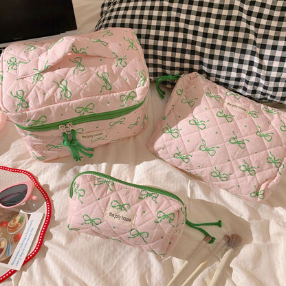 P020 绿粉撞色蝴蝶结化妆包