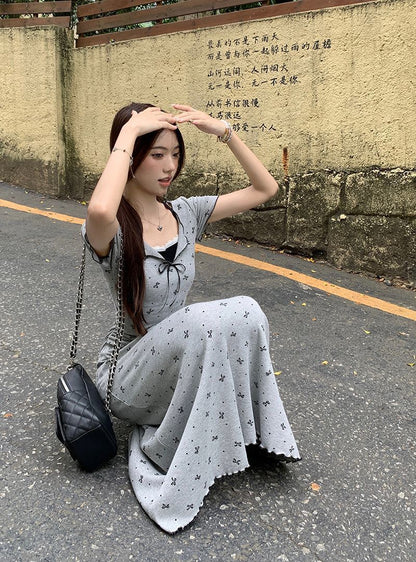 DS002 假两件蕾丝花边设计短袖连衣裙(长)