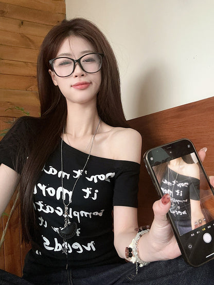 TP090 美式辣妹字母印花斜肩短袖T恤