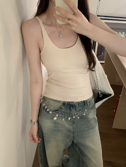 TB005 复古辣妹大U领吊带背心