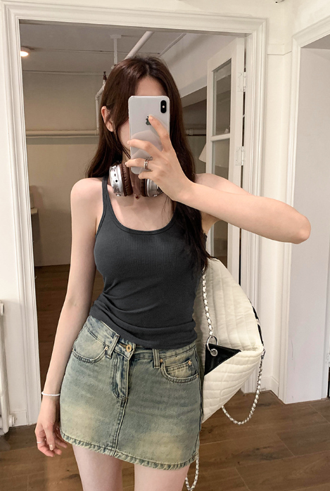 TB005 复古辣妹大U领吊带背心